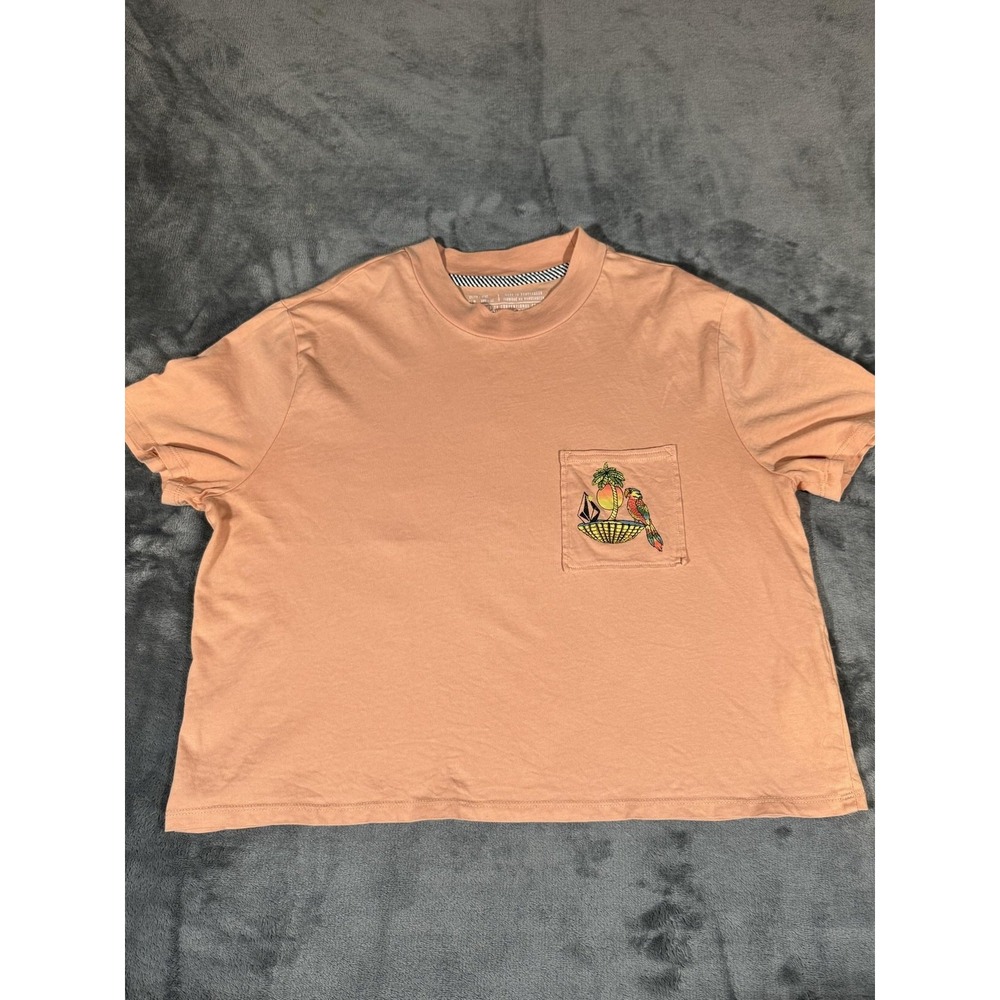Volcom Shirt Womens Medium Orange There's No Place Like Stone Parrot Cropped